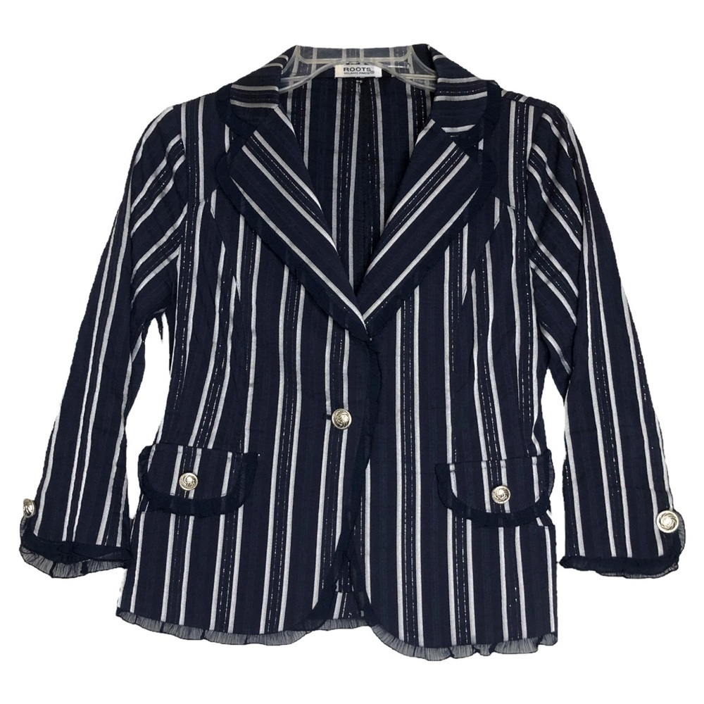 Roots Navy and Silver Striped Blazer with Silver Buttons - Size Small